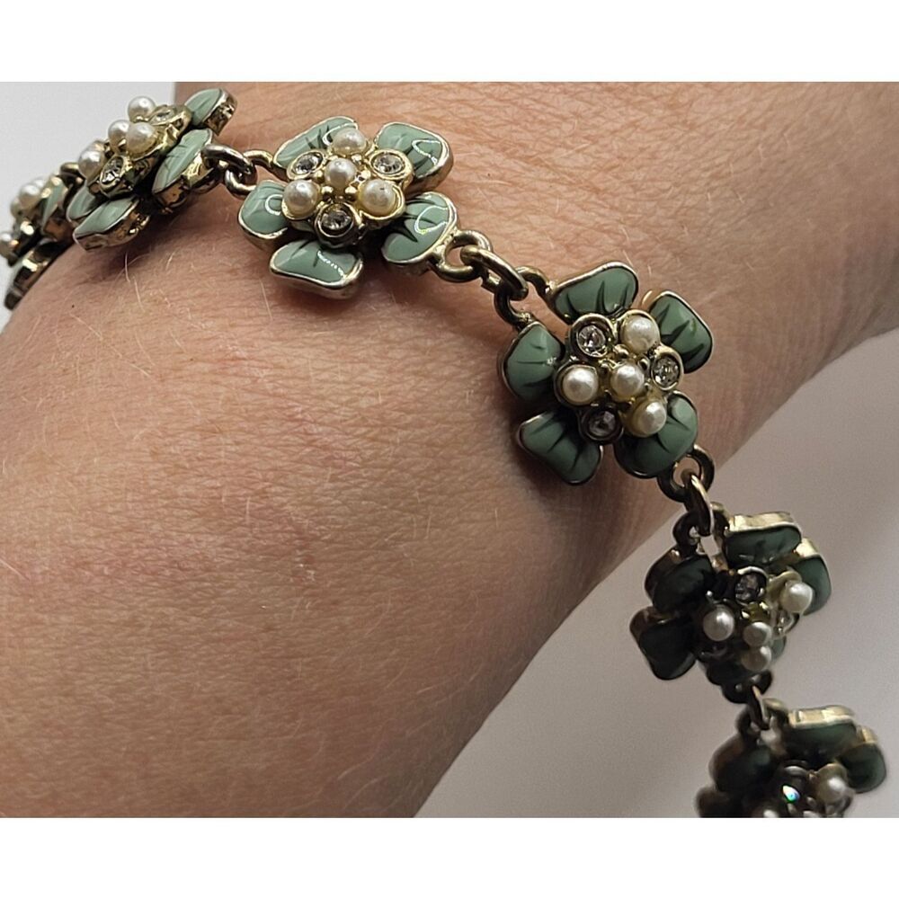 Floral Enamel Pearl Tennis Bracelet Box Clasp 7.3in - Picture 4 of 4